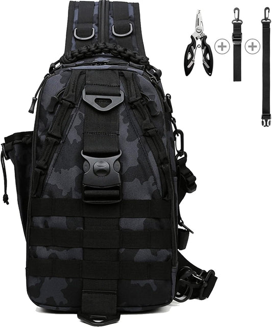 Fishing Tackle Backpack Storage Bag - Fishing Gear Bags Water-Resistant Outdoor Shoulder Backpacks with Fishing Rod Belt (Large(16.34 * 12.9 * 5.71 Inch)-Black Camo)