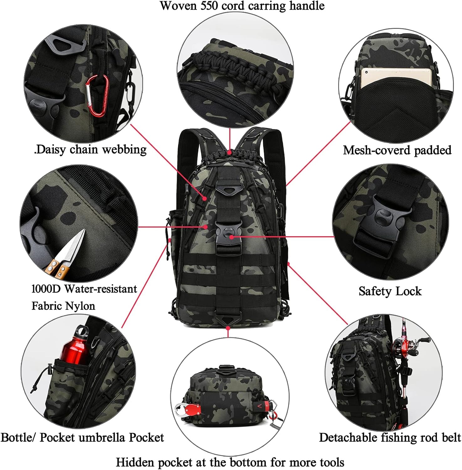 Fishing Tackle Backpack Storage Bag - Fishing Gear Bags Water-Resistant Outdoor Shoulder Backpacks with Fishing Rod Belt (Large(16.34 * 12.9 * 5.71 Inch)-Black Camo)