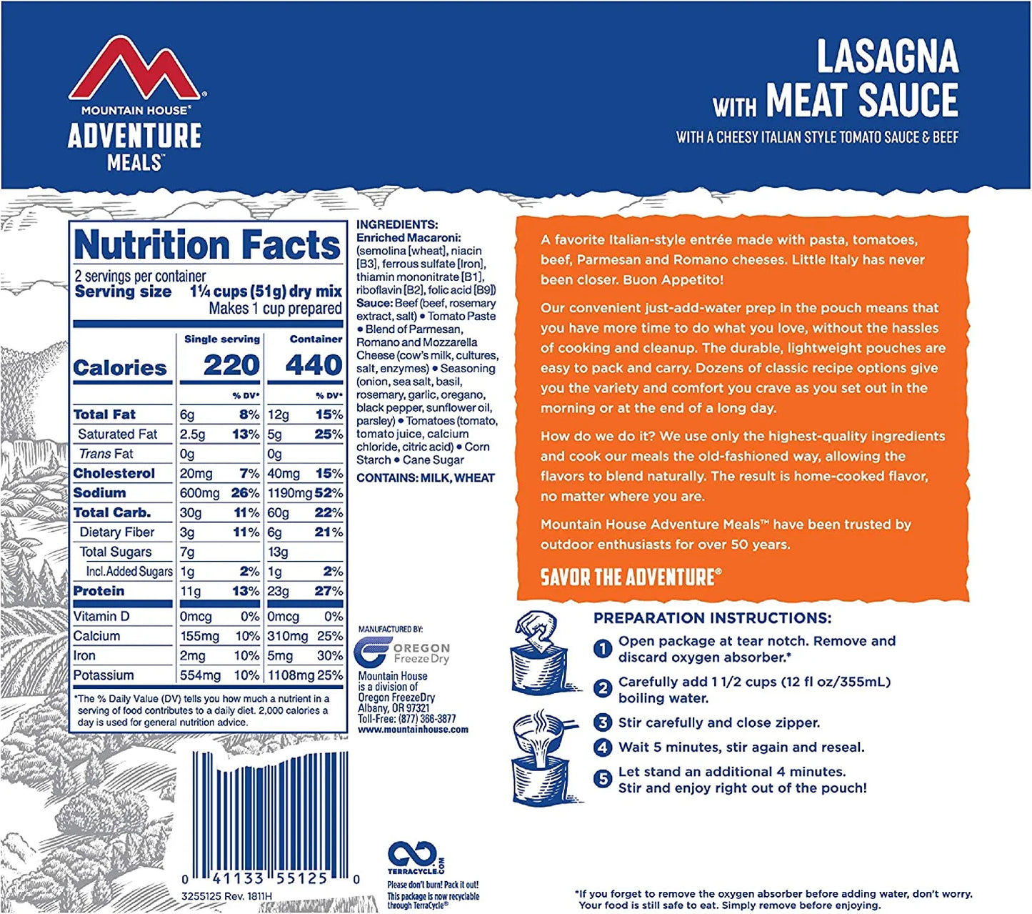 Lasagna with Meat Sauce | Freeze Dried Backpacking & Camping Food | Survival & Emergency Food- 6 Pouches