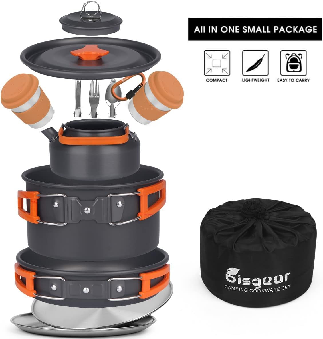 Camping Cookware Kettle Mess Kit - Camping Cooking Set Stainless Steel 18/8 Plates Cup with Lids &Sleeves Cutlery - Camping Pots and Pans Set - Backpacking Gear Camp Accessories Equipment