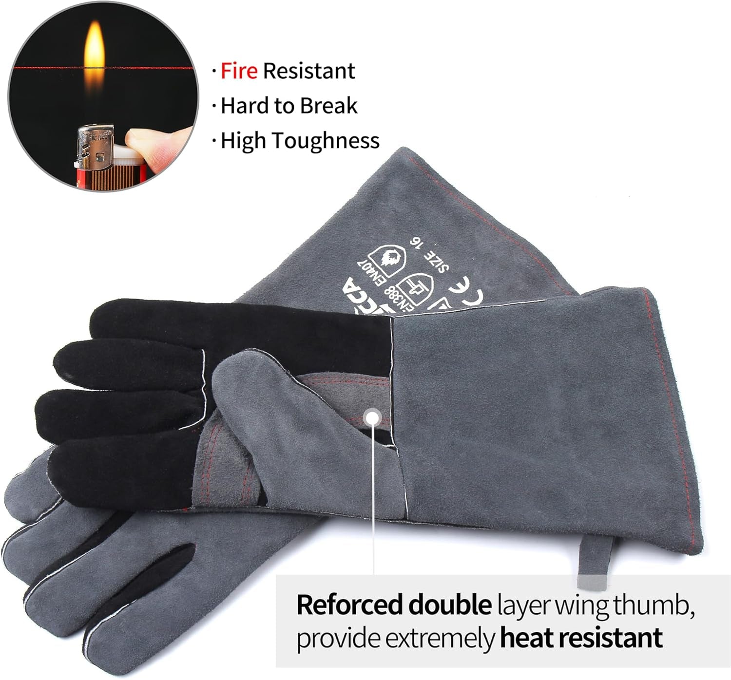 Fireplace Gloves Fire Heat Resistant: Grey 16IN 662℉- Fireproof Leather for Fireplace Fire Pit Wood Stove Campfire Furnace BBQ Grill Oven Stick Mig Welding Welder Gear - Birthday Gift for Men