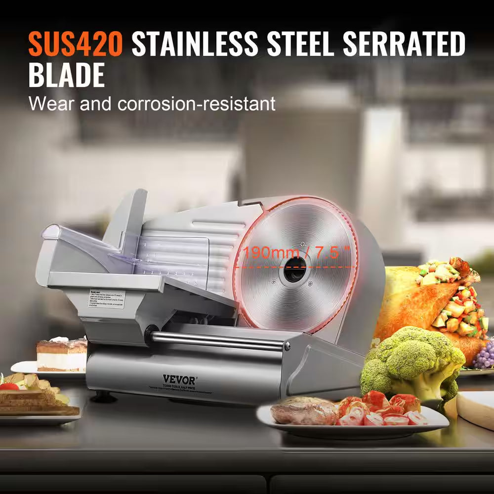 Meat Slicer 180 Watt Electric Deli Slicer with 7.5 In. SUS420 Stainless Steel Blade and Blade Guard for Home Use Silver