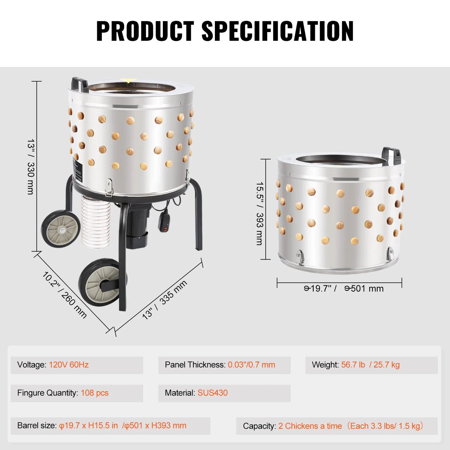 VEVOR Chicken Plucker Machine, Feather Plucker with 20-Inch Stainless Steel Drum, Defeathering Equipment with 108 Soft Fingers, Simple Debris Collection, 500W High Power Poultry Plucking