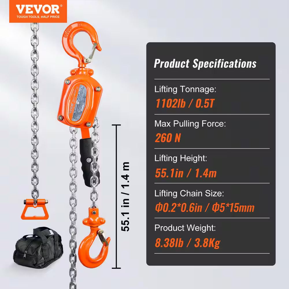 1/2 Ton Manual Lever Chain Hoist 5 Ft. Long Chain Hoist with 360° Rotation Hook and Double-Pawl Brake