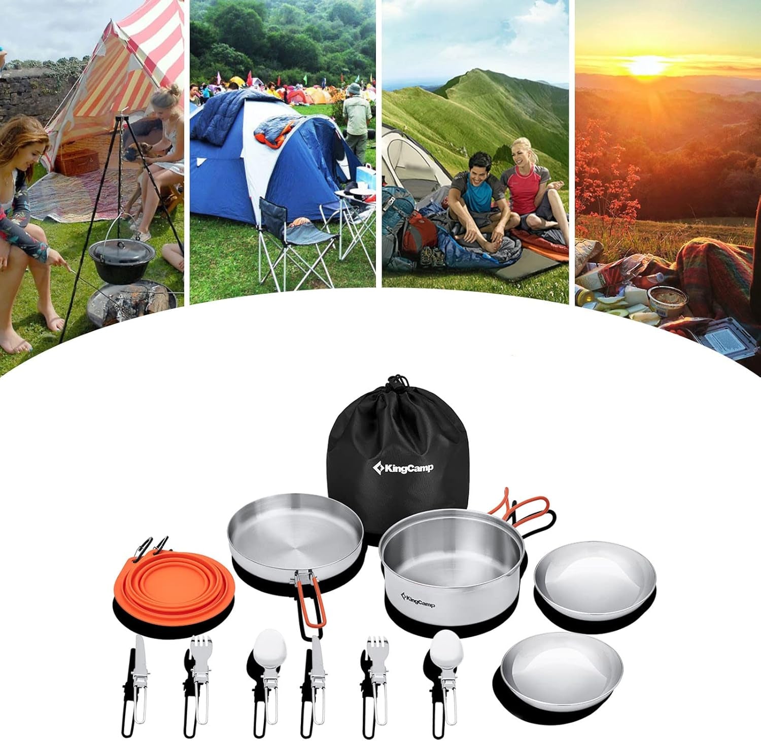 Stainless Steel Camping Cookware Set Open Fire Cookware Backpacking Cooking Mess Kit Lightweight Camping Pots and Pans with Plates and Bowls Kit Hiking Cooking Gear 17/25PCS for 2-3 Person