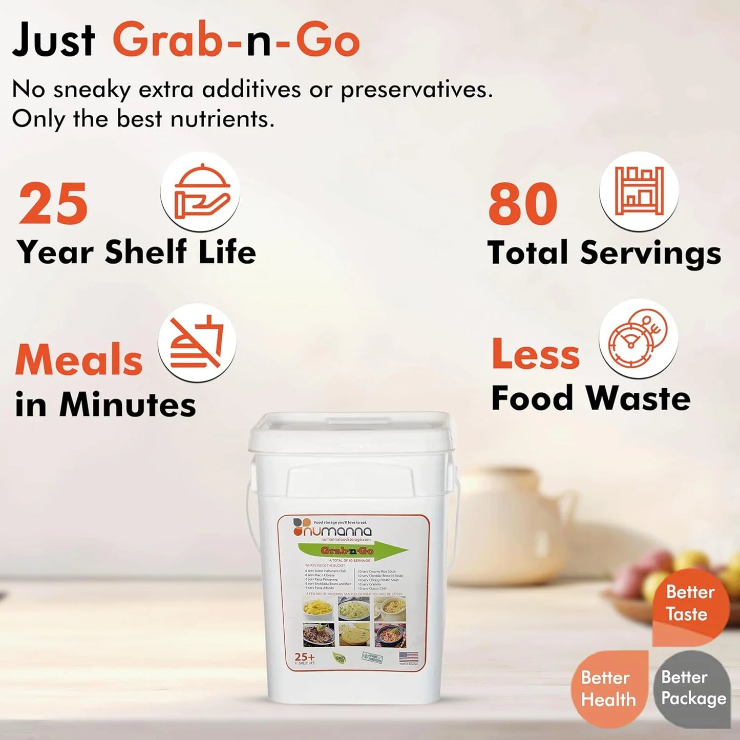 Grab-N-Go Bucket – 80 Servings of Freeze-Dried Meals | 25+ Year Shelf Life | Ready-To-Eat Emergency Survival Food Kit | Non-Perishable Breakfast & Dinner | Made in USA