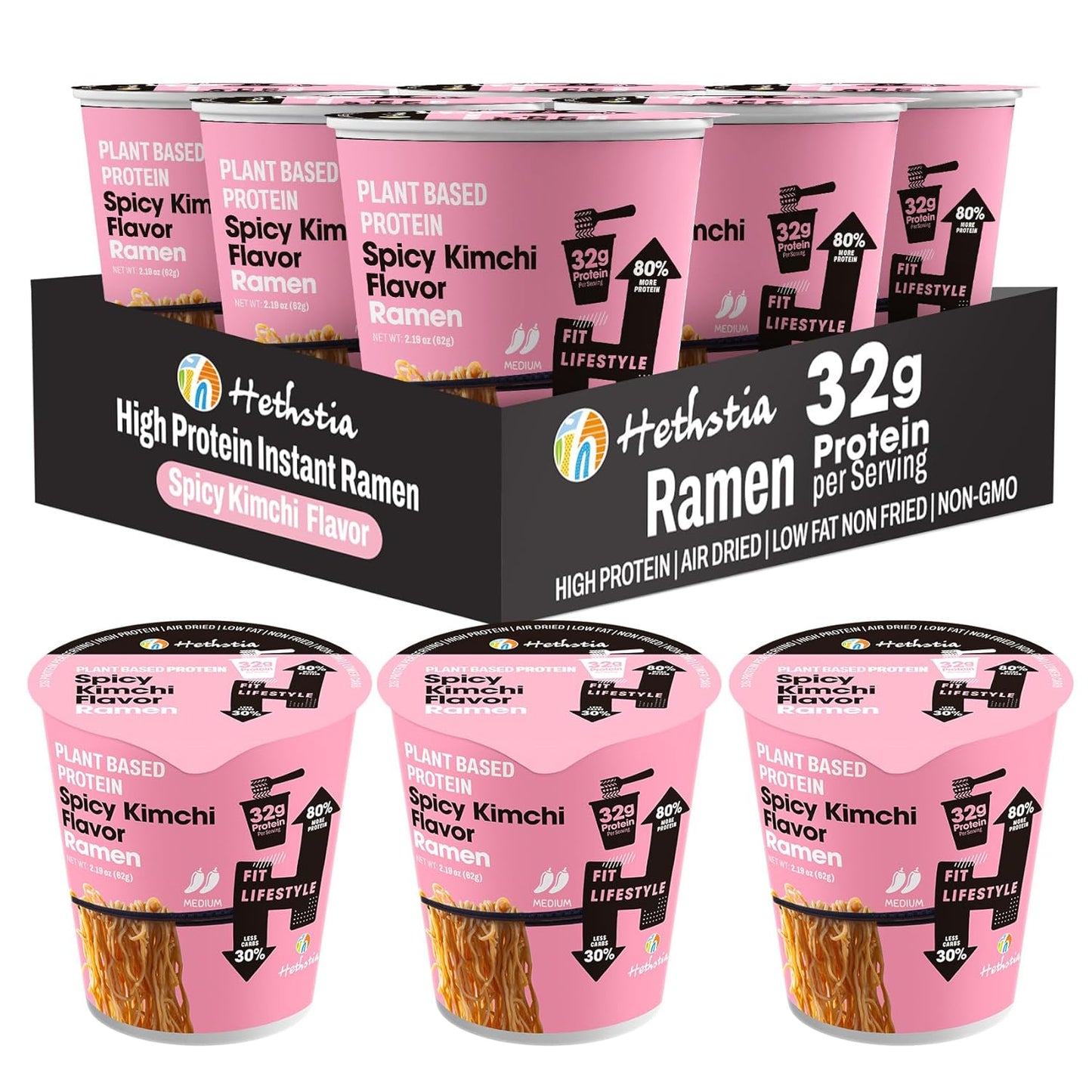 Protein Ramen, Spicy Kimchi Flavor, 6-Pack Instant Healthy Noodle Soup Cups, 32G Plant Protein, Vegan Pre-Packaged Ramen Meal, Low Fat, Non-Gmo, Non-Fried, Air-Dried, Healthy Noodle Broth