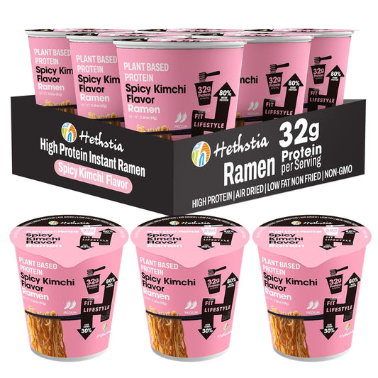 Protein Ramen, Spicy Kimchi Flavor, 6-Pack Instant Healthy Noodle Soup Cups, 32G Plant Protein, Vegan Pre-Packaged Ramen Meal, Low Fat, Non-Gmo, Non-Fried, Air-Dried, Healthy Noodle Broth