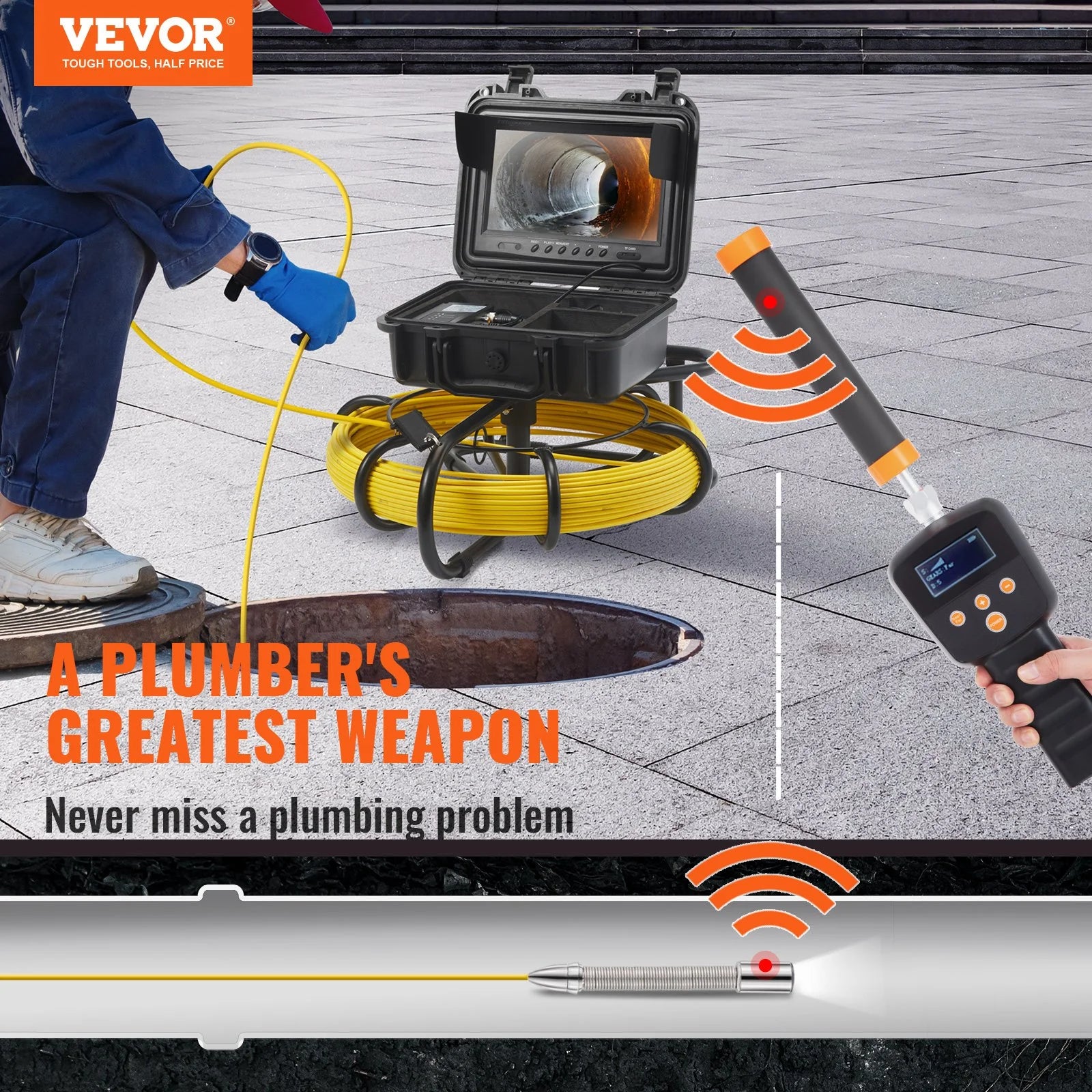 VEVOR Sewer Camera with 512Hz Locator, 165 Ft/50 M, 9 Pipeline Inspection Camera with DVR Function, IP68 Camera with 12 Adjustable Leds, a 16 GB SD Card for Sewer Line, Home, Duct Drain Pipe Plumbing