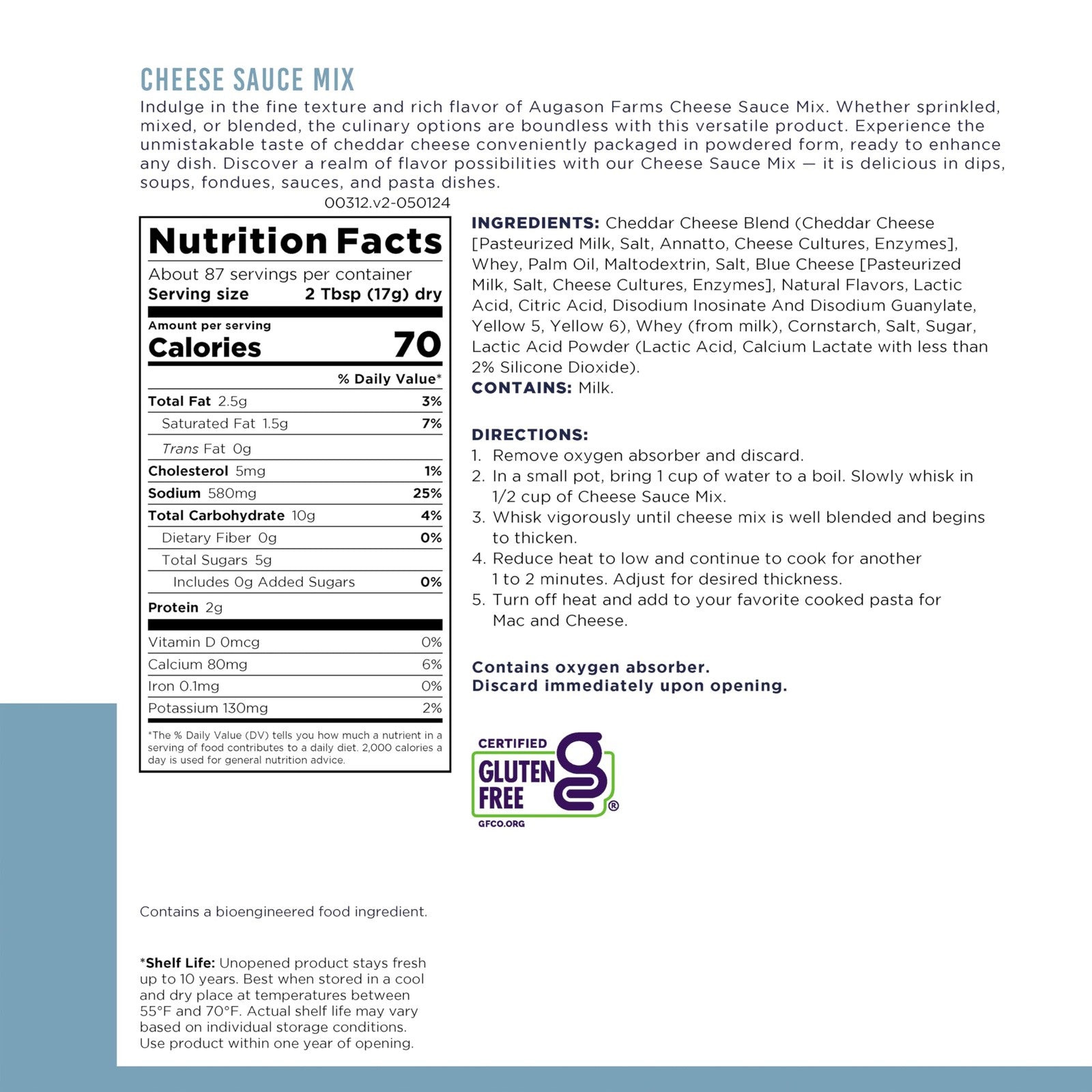 Augason Farms Cheese Blend Powder Certified Gluten Free Long Term Food Storage