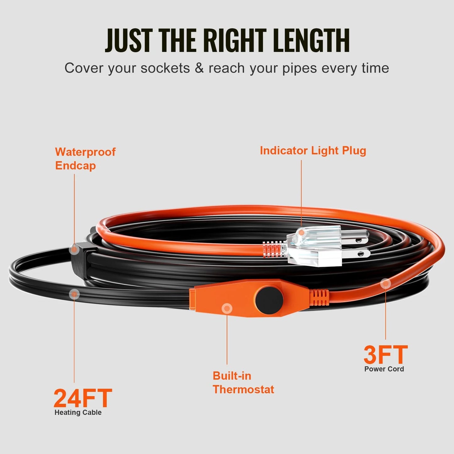 Pipe Heating Cable 24FT 7W/FT Heat Tape for Pipes with Built-In Thermostat