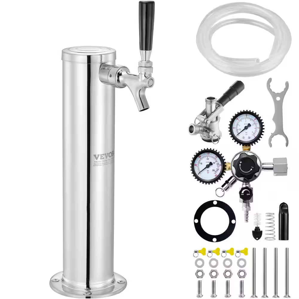 Kegerator Tower Kit Single Tap Beer Conversion Kit Keg Beer Tower Dispenser Silver Stainless Steel with Dual Gauge
