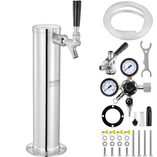 Kegerator Tower Kit Single Tap Beer Conversion Kit Keg Beer Tower Dispenser Silver Stainless Steel with Dual Gauge