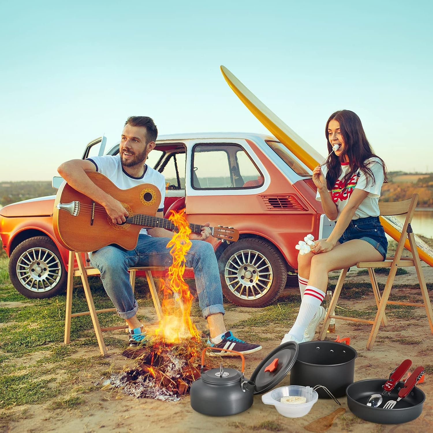 Camping Cookware Mess Kit for 1-3 Person Backpacking Cookware Set 12 Pcs Camping Pots and Pans Set with Mesh Bag for Outdoor Camping Backpacking Hiking Picnic