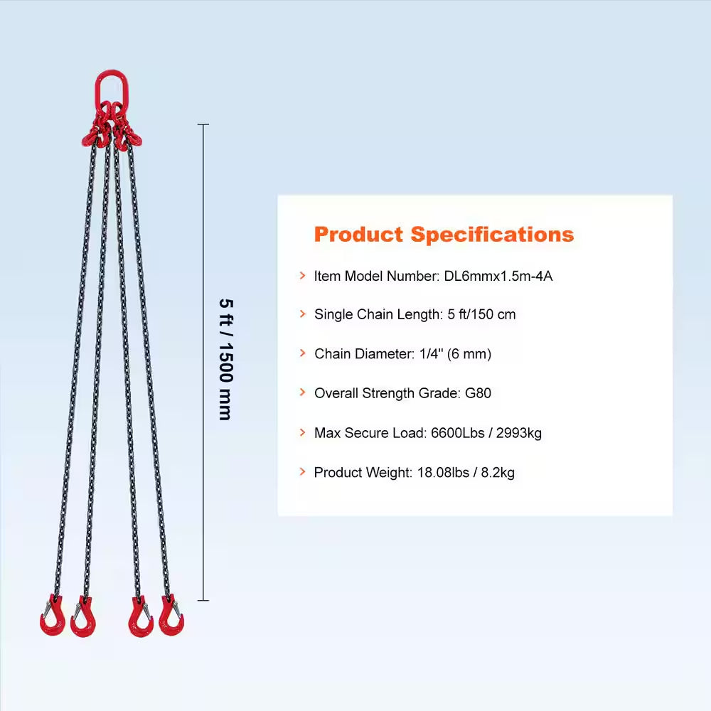 Chain Sling,1/4 In. X 5 Ft. Lifting Chains with Hooks,G80 Engine Chain Hoist Lifts, 6600 Lbs./3 Ton Lifting Sling Chains
