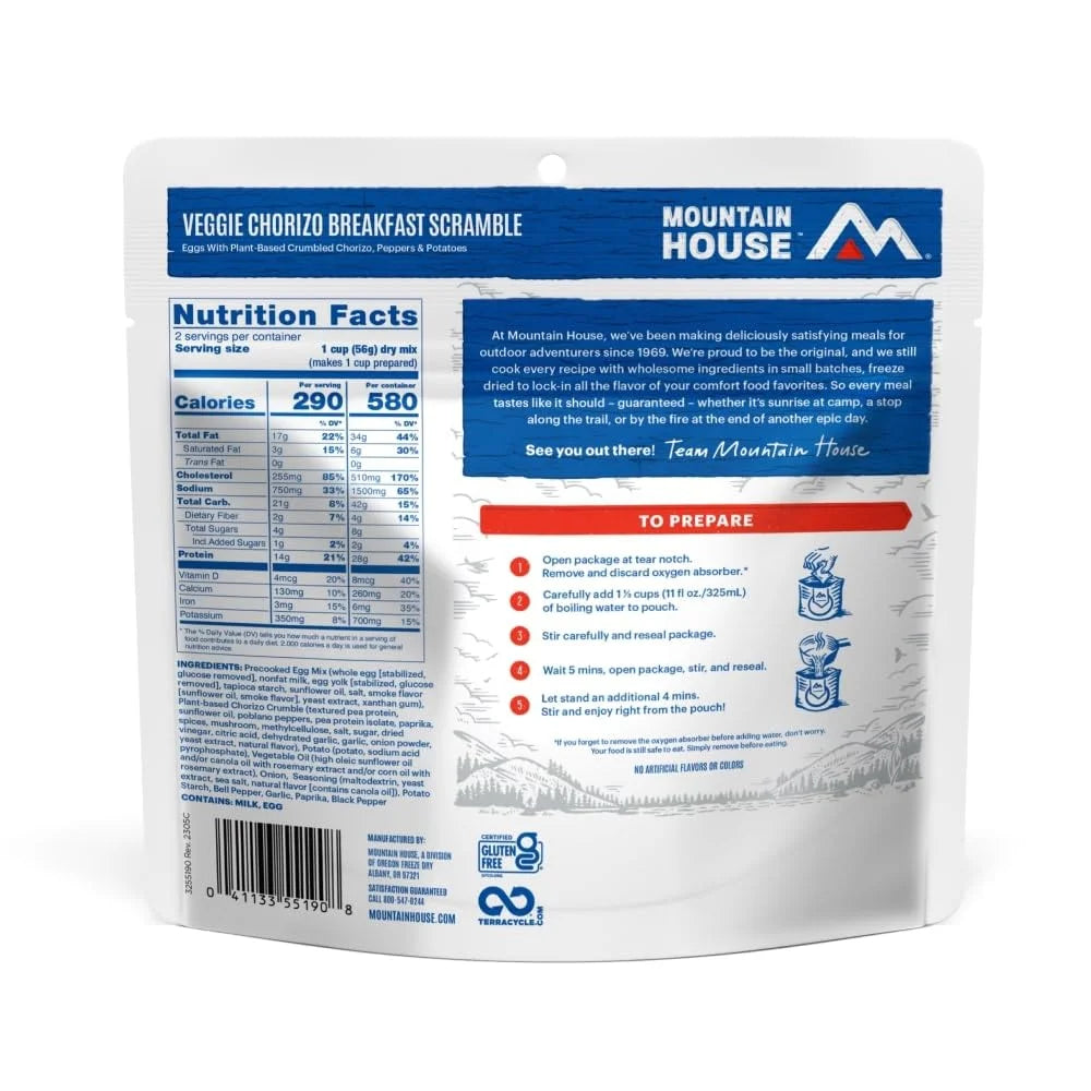 Veggie Chorizo Breakfast Scramble Food (6 Pouches) | Freeze Dried Backpacking & Camping Emergency Food ✅