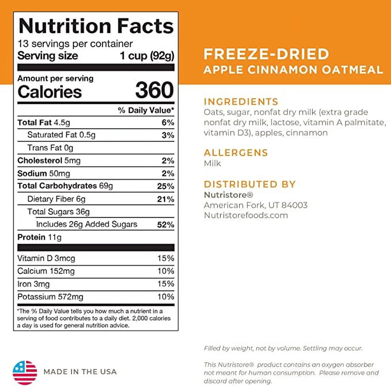 | Freeze-Dried Apple Cinnamon Oatmeal | Emergency Survival Bulk Food Storage Meal | Perfect for Everyday Quick Meals or Long-Term Storage | 25 Year Shelf Life