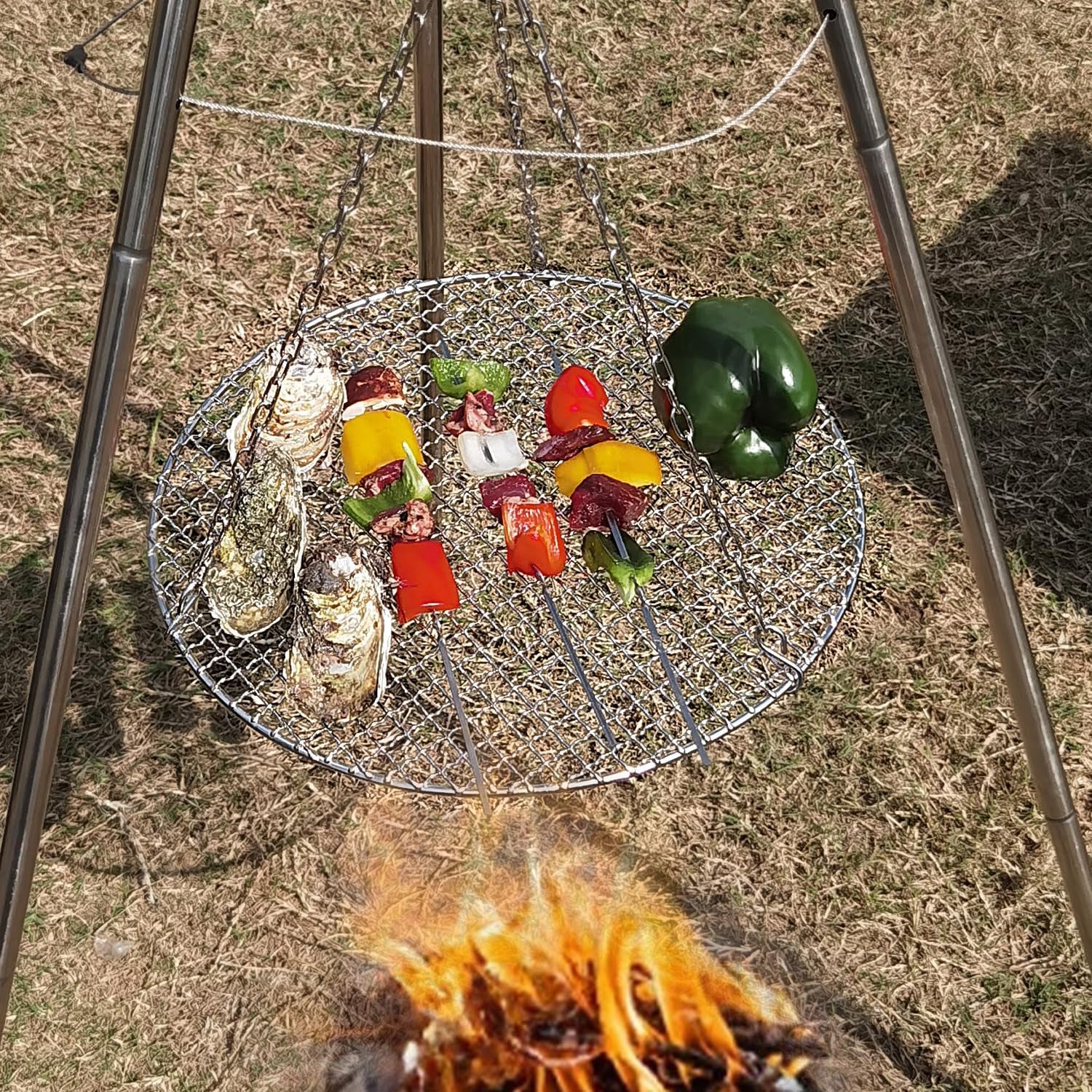Camp Fire Tripod for Cooking, Stainless Steel Camping Fire Grill with Adjustable