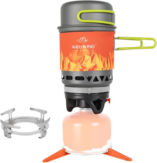 X2 Camping and Backpacking Stove Cooking System, Outdoor Portable Camp Gas Stoves Burner with 0.75L Pot & 0.25L Pan, Piezo Ignition, for Hiking, Fishing, Hunting, Orange