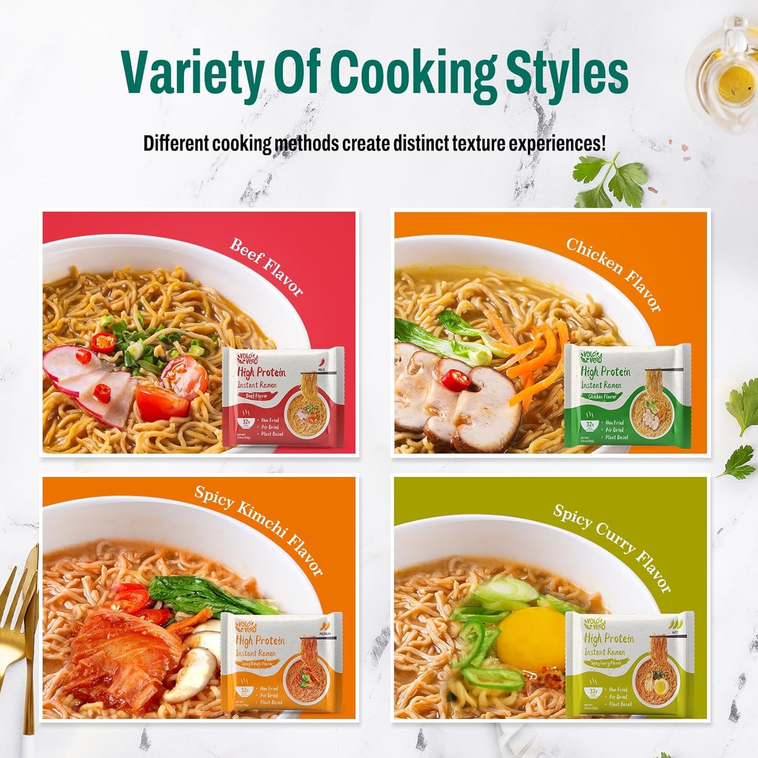 Protein (32G) Ramen Variety Pack - Chicken, Spicy “Beef, Kimchi, Curry”, 8 Packs Instant High Protein Ramen Noodles Soup, Plant-Based, Non-Fried, Vegan, Low Fat, Egg & Dairy Free Healthy Meal