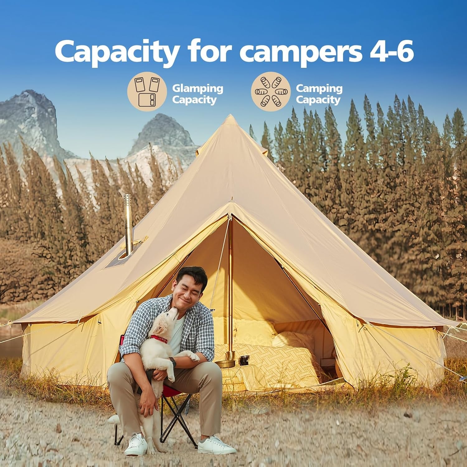 Canvas Bell Tent Luxury Yurt for Family Glamping, Waterproof Breathable Cotton, 4 Season with Removable Floor (Fire Water Repellent, 13.1Ft(4M))