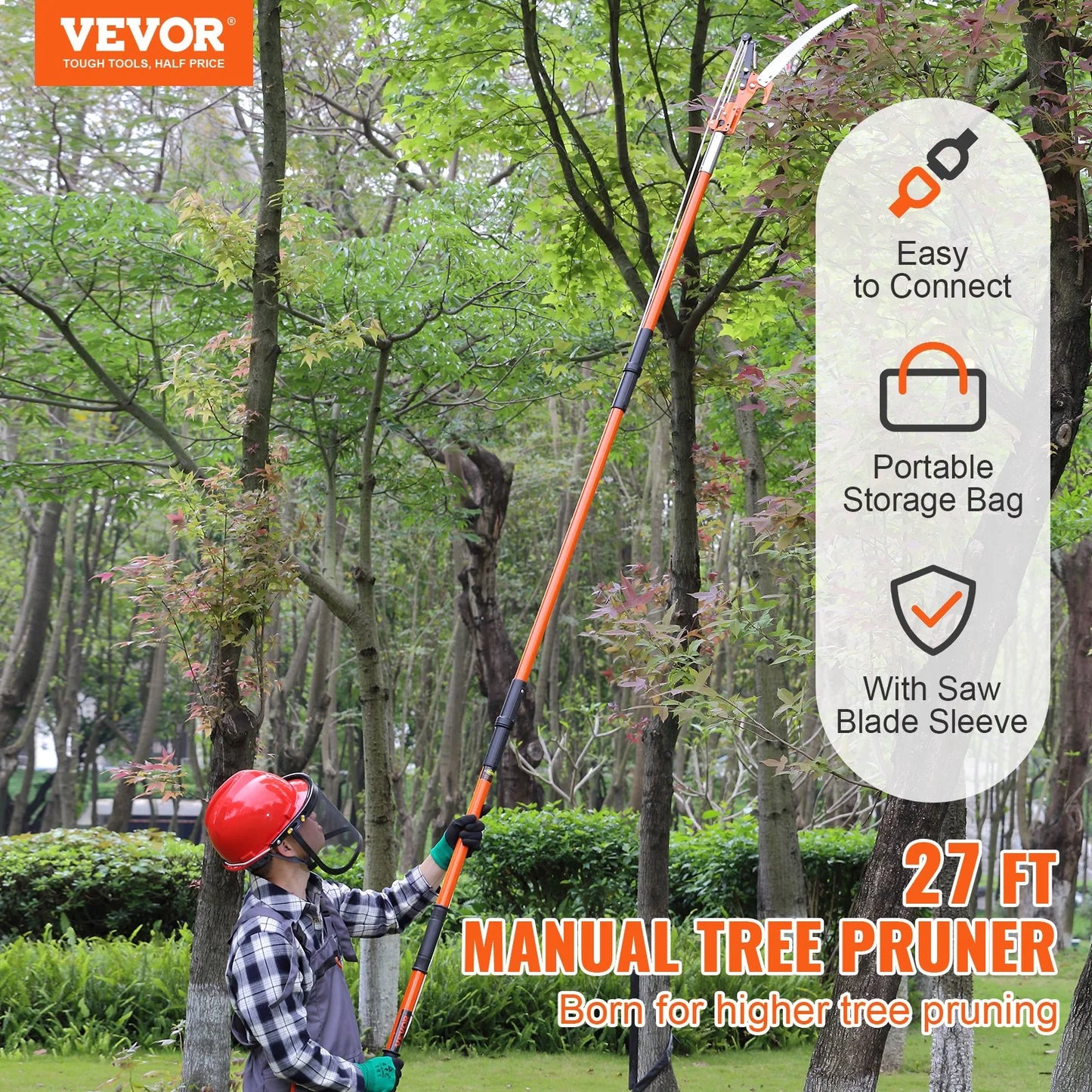 VEVOR Manual Pole Saw, 7.3-27 Ft Extendable Tree Pruner, Sharp Steel Blade and Scissors High Branches Trimming, Branch Trimmer with Lightweight 8 Fiberglass Handles, for Pruning Palms and Shrubs