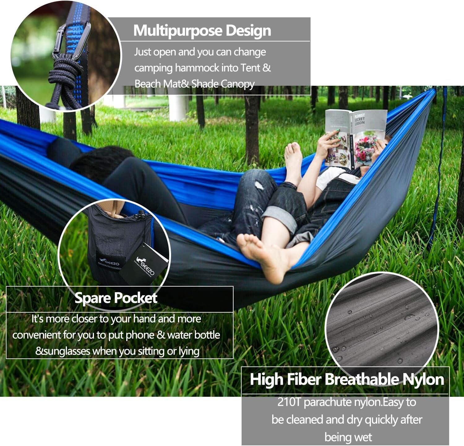 Double Camping Hammock, Lightweight Portable Parachute (2 Tree Straps 16 LOOPS/10 FT Included) 500Lbs Capacity Hammock for Backpacking, Camping, Travel, Beach, Garden