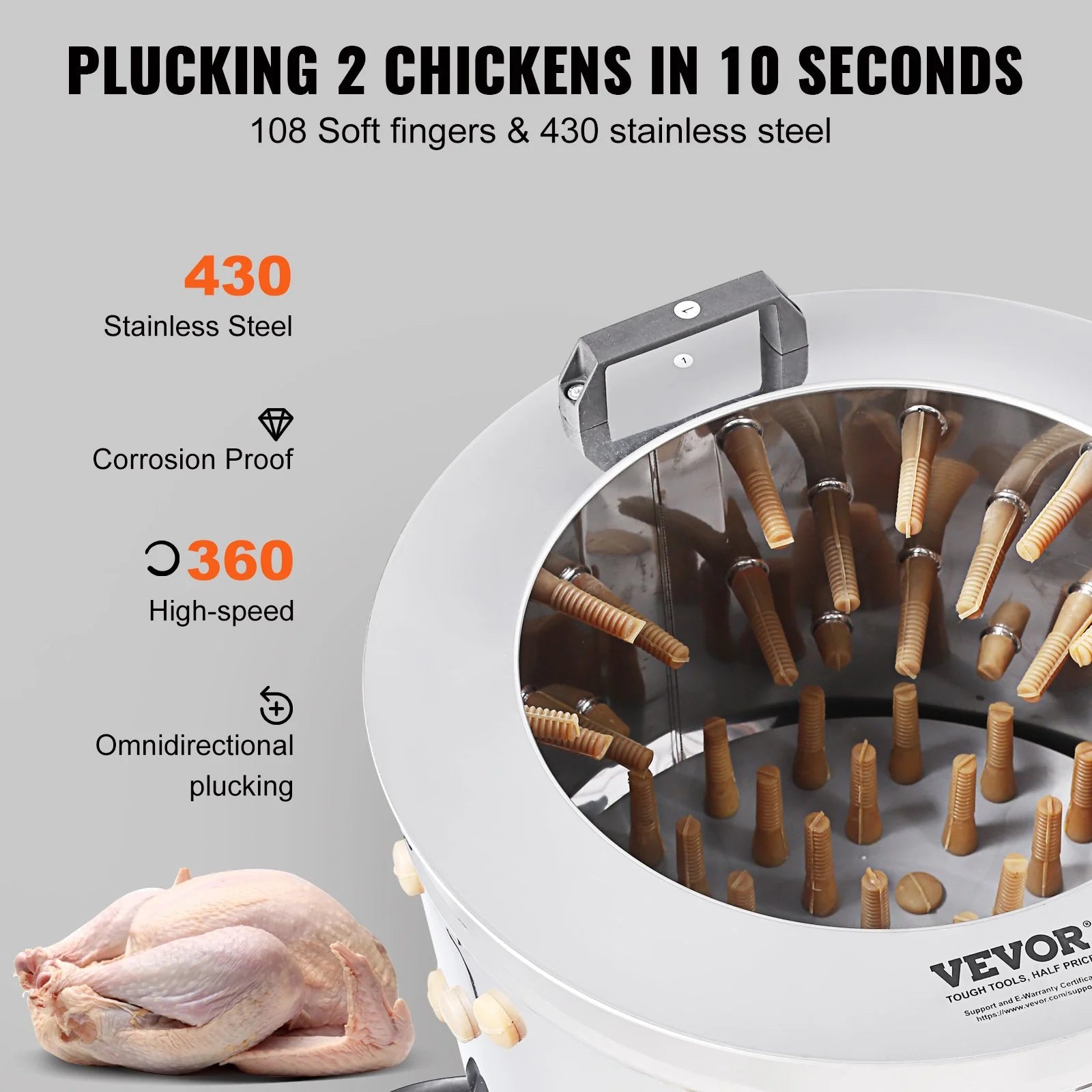 VEVOR Chicken Plucker Machine, Feather Plucker with 20-Inch Stainless Steel Drum, Defeathering Equipment with 108 Soft Fingers, Simple Debris Collection, 500W High Power Poultry Plucking