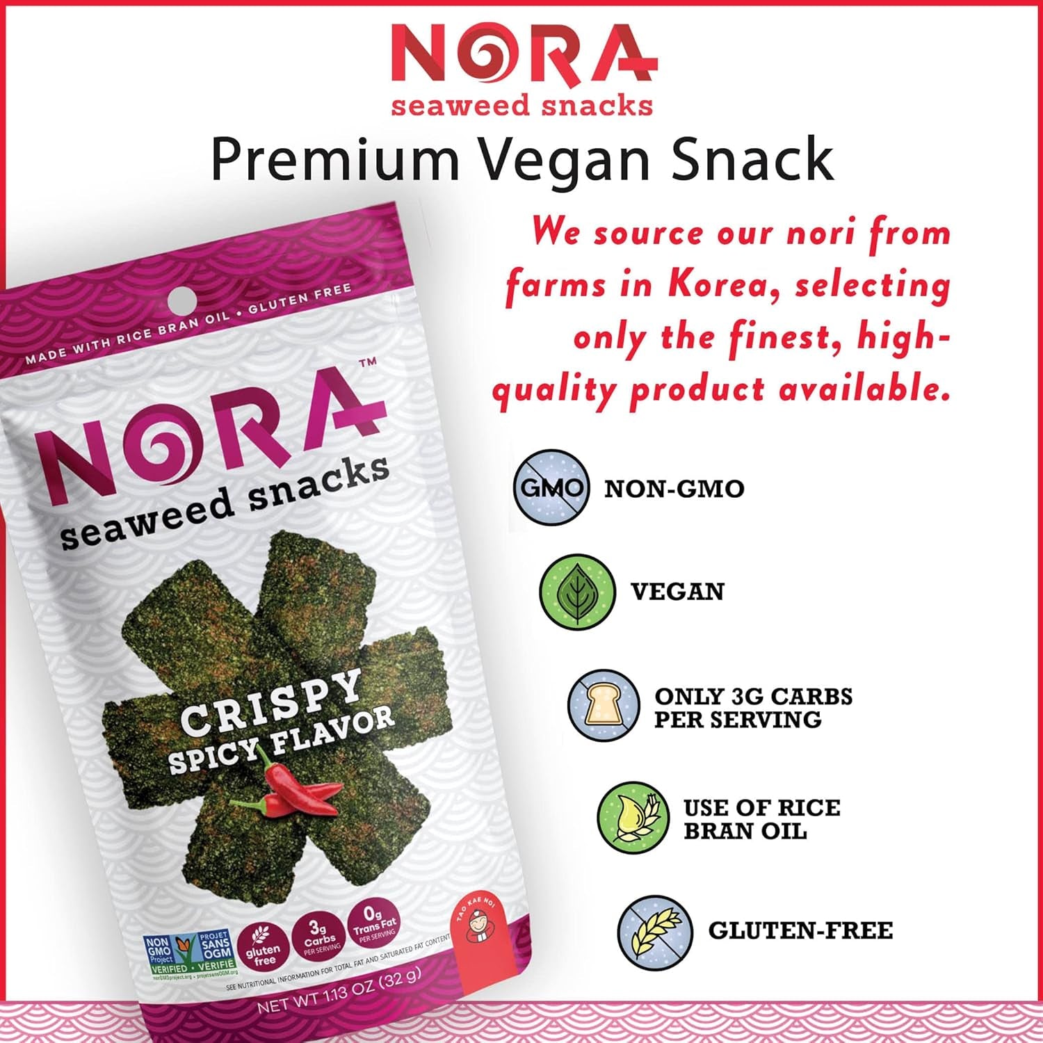 Crispy Spicy Seaweed Snacks by , Thick Nori Sheets Snack Strips, Low-Carb Healthy Snacks for Adults, Asian Snacks, Vegan, Gluten-Free, Non-Gmo, 6-Pack