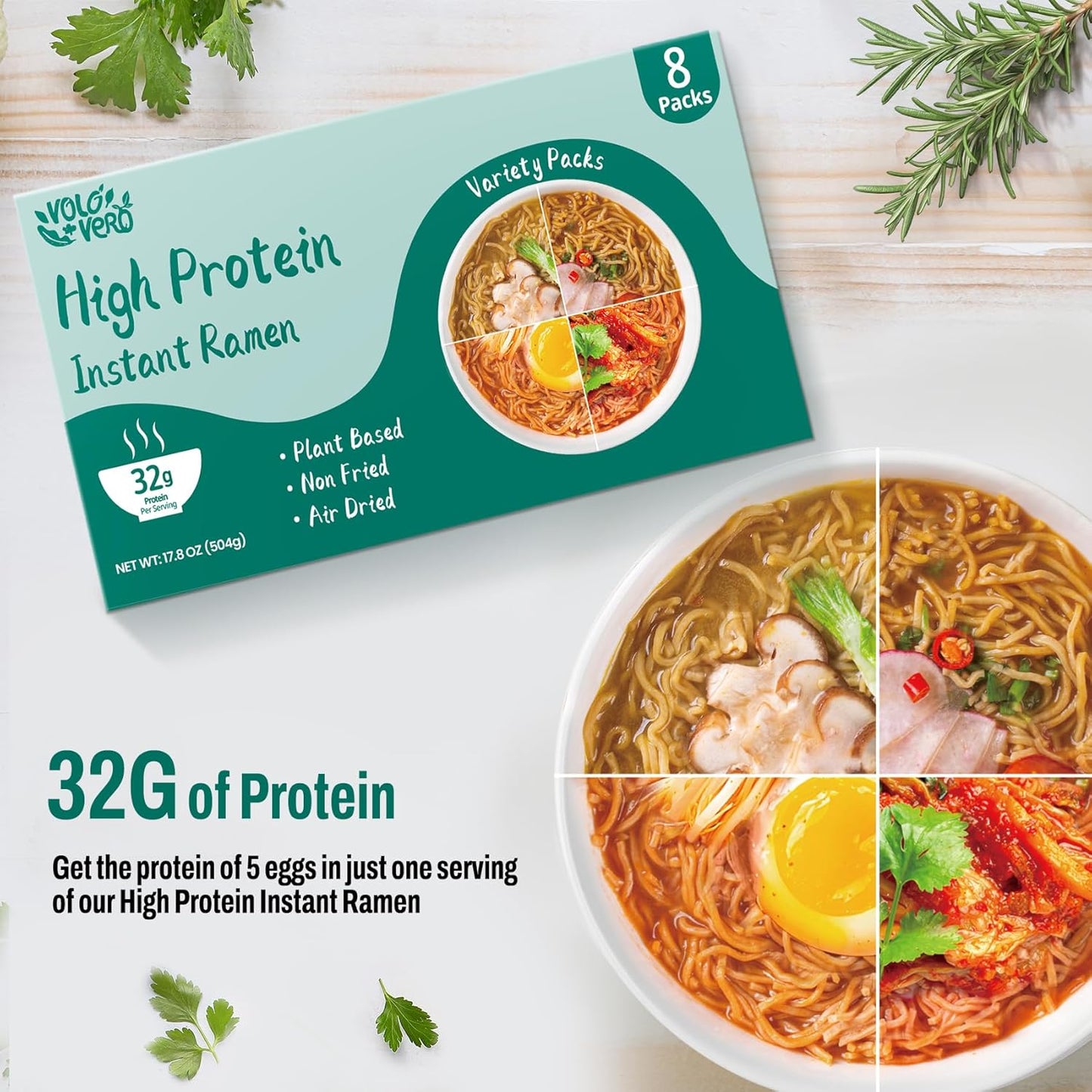 Protein (32G) Ramen Variety Pack - Chicken, Spicy “Beef, Kimchi, Curry”, 8 Packs Instant High Protein Ramen Noodles Soup, Plant-Based, Non-Fried, Vegan, Low Fat, Egg & Dairy Free Healthy Meal
