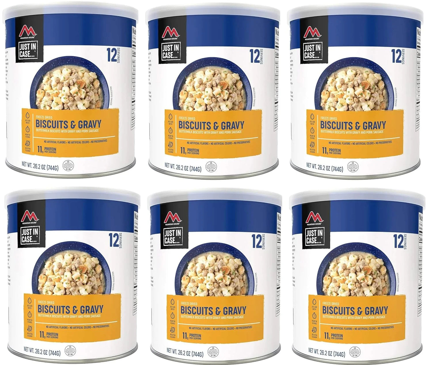 (6 Cans Pack) Newly Launched  Biscuits & Gravy Freeze Dried Survival Emergency Camping Food Fully Cooked #10 / 12 Servings / Can