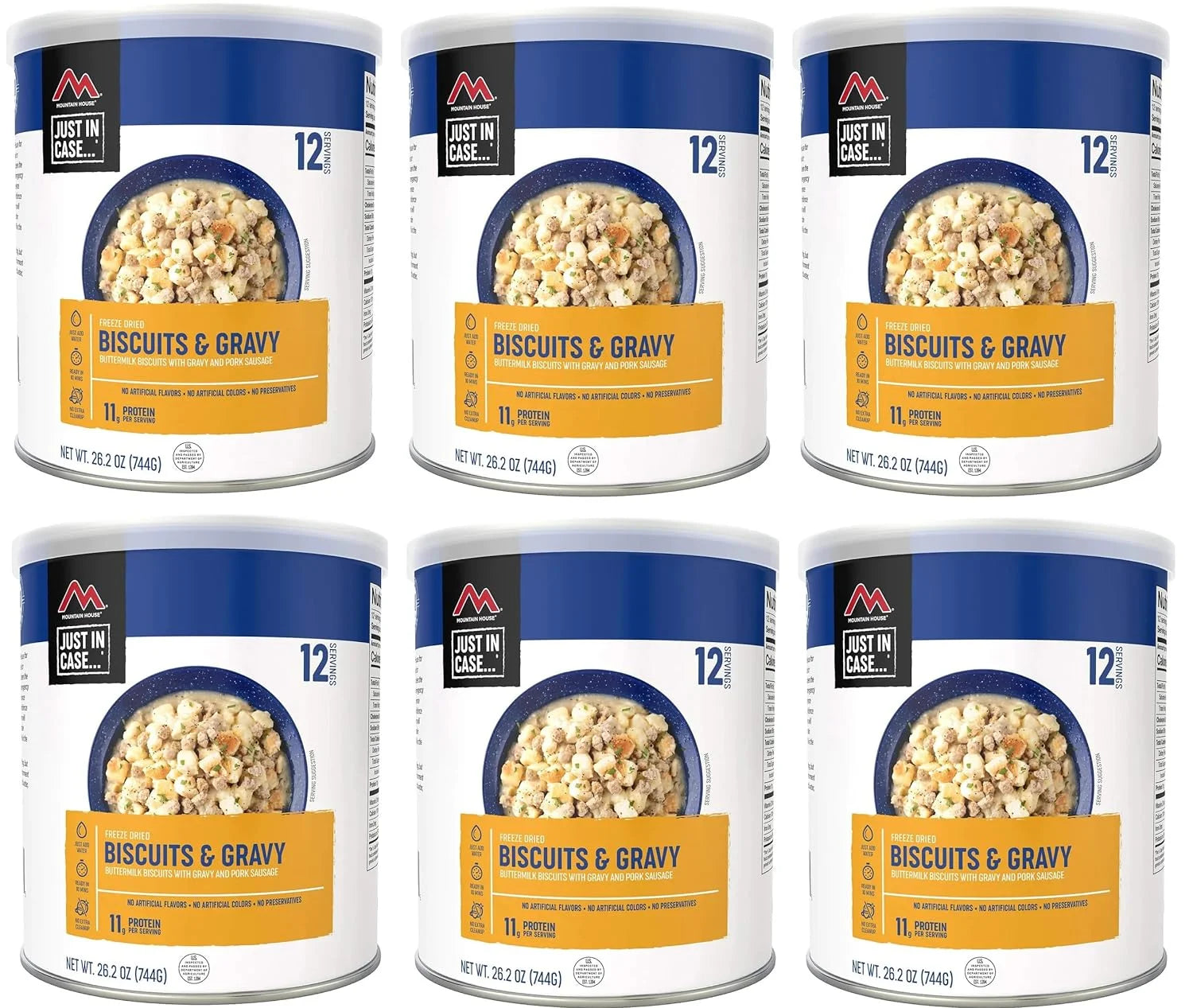 (6 Cans Pack) Newly Launched  Biscuits & Gravy Freeze Dried Survival Emergency Camping Food Fully Cooked #10 / 12 Servings / Can