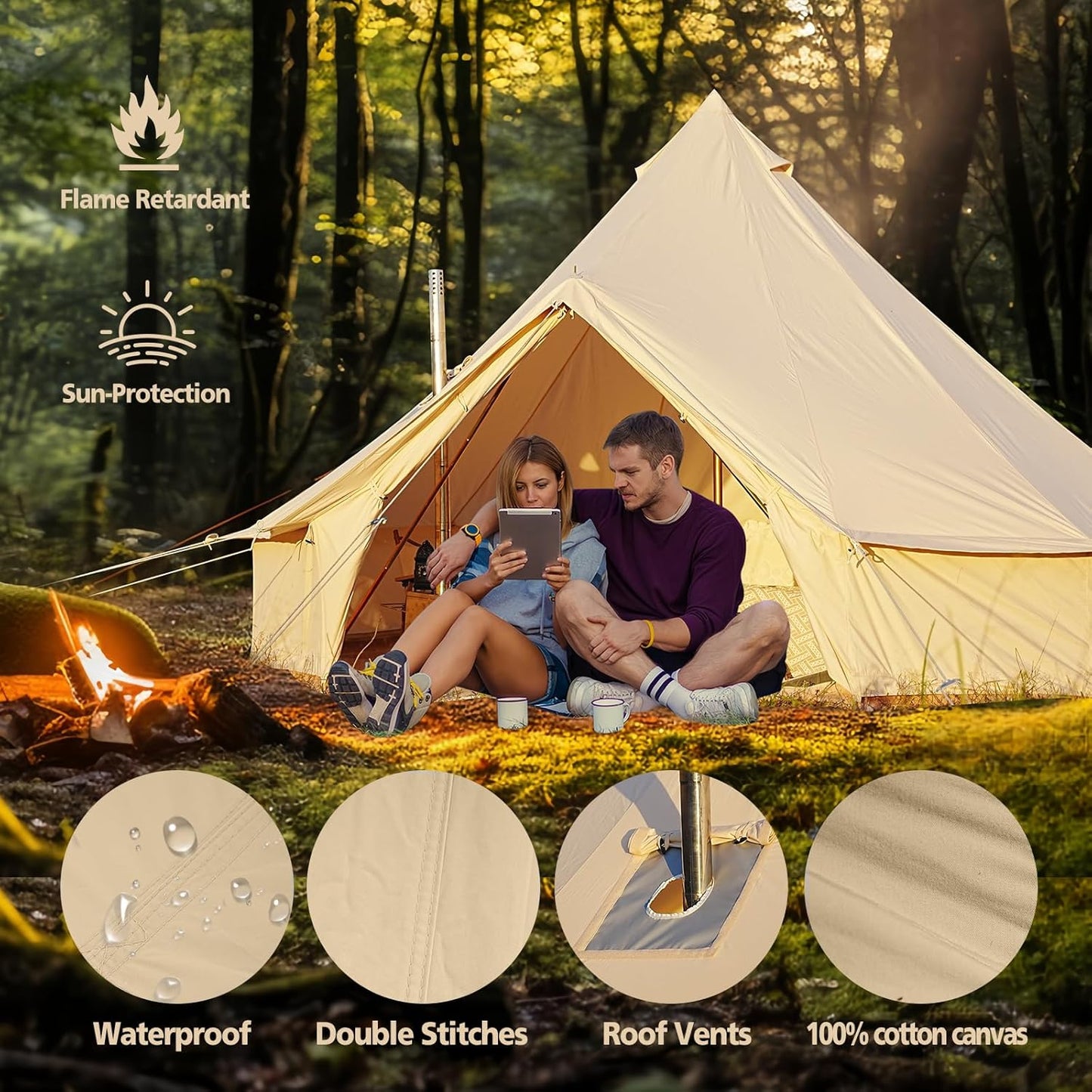 Canvas Bell Tent Luxury Yurt for Family Glamping, Waterproof Breathable Cotton, 4 Season with Removable Floor (Fire Water Repellent, 13.1Ft(4M))