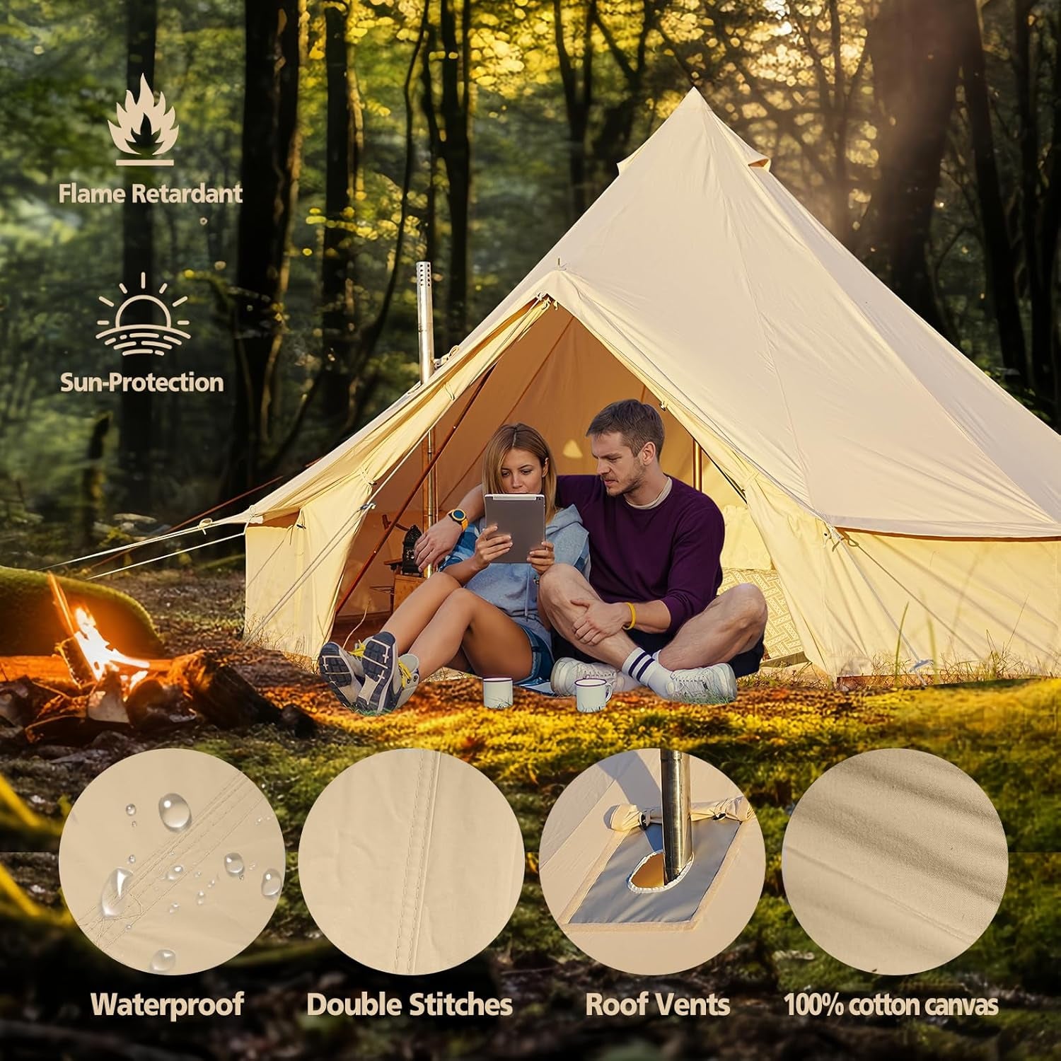 Canvas Bell Tent Luxury Yurt for Family Glamping, Waterproof Breathable Cotton, 4 Season with Removable Floor (Fire Water Repellent, 13.1Ft(4M))