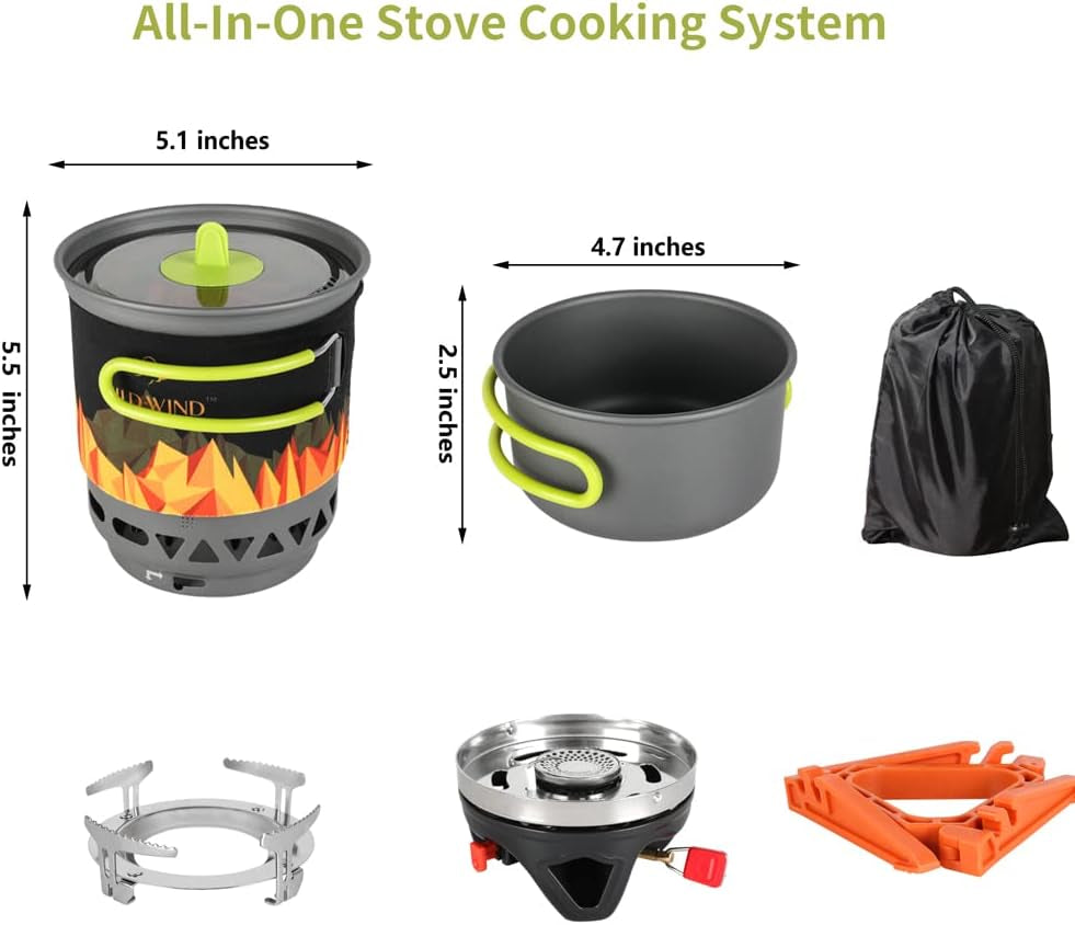 X2 Camping and Backpacking Stove Cooking System, Outdoor Portable Camp Gas Stoves Burner with 0.75L Pot & 0.25L Pan, Piezo Ignition, for Hiking, Fishing, Hunting, Black