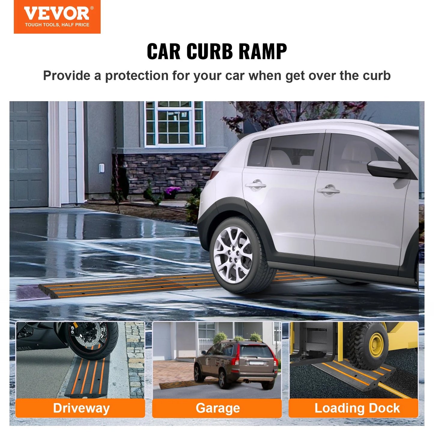 VEVOR Rubber Curb Ramp for Driveway 1 Pack, 15T Heavy Duty Sidewalk Curb Ramp, 2.6 Rise Height Cable Cover Curbside Bridge Ramp for Garage for Low Cars, Wheelchairs