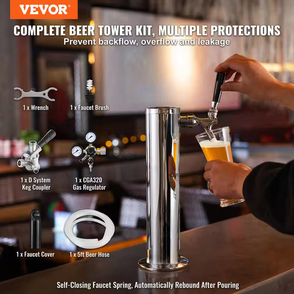 Kegerator Tower Kit Single Tap Beer Conversion Kit Keg Beer Tower Dispenser Silver Stainless Steel with Dual Gauge