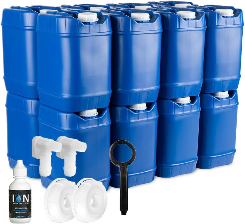 5-Gallon Stackable Water Storage Containers with Lids, Emergency Water Storage Kit Including Spigots, Wrench, and Water Preserver, 80 Gallons