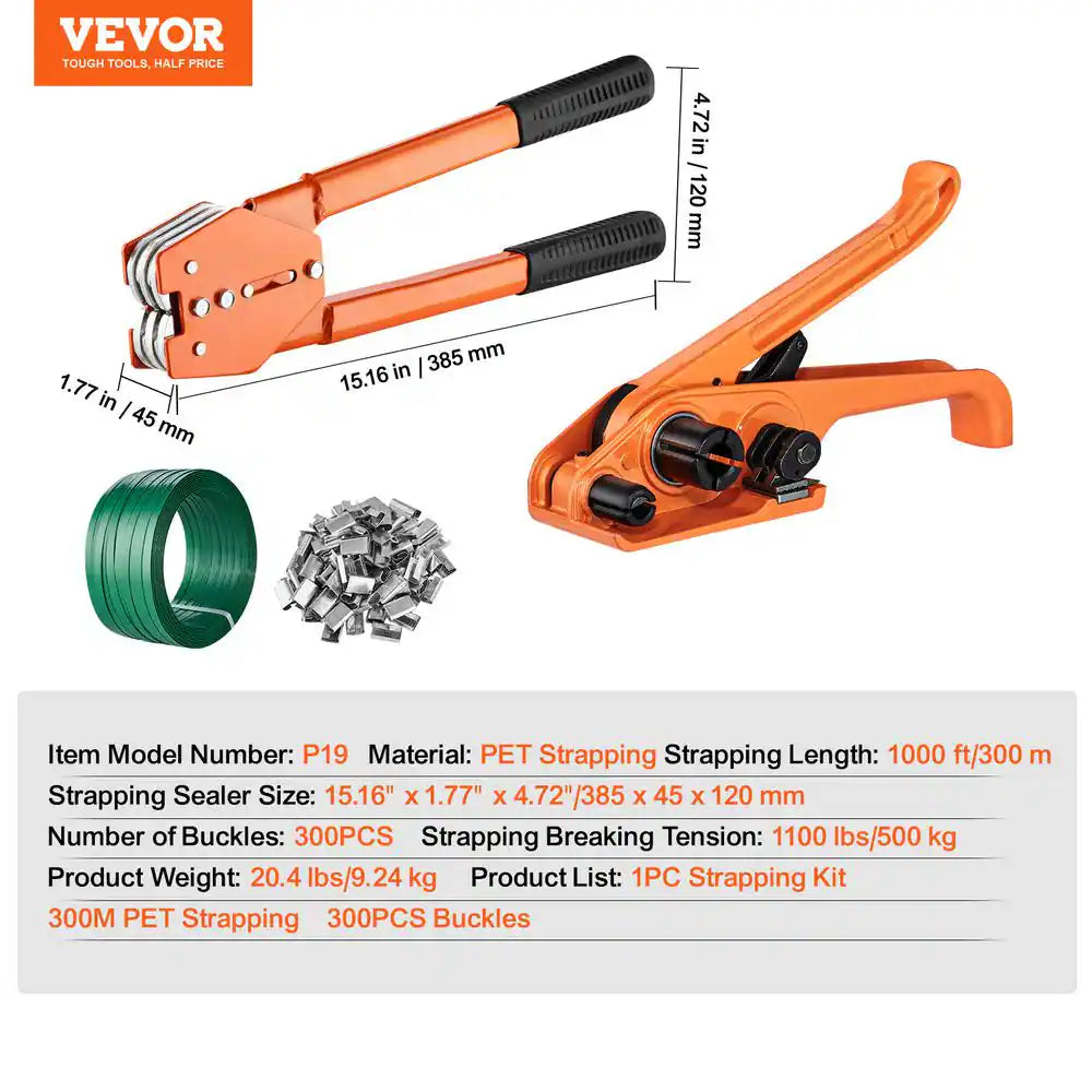 Packaging Strapping Banding Kit with Strapping Tensioner Tool, Banding Sealer Tool, 1000 Ft. PET Band, 300 Metal Seals