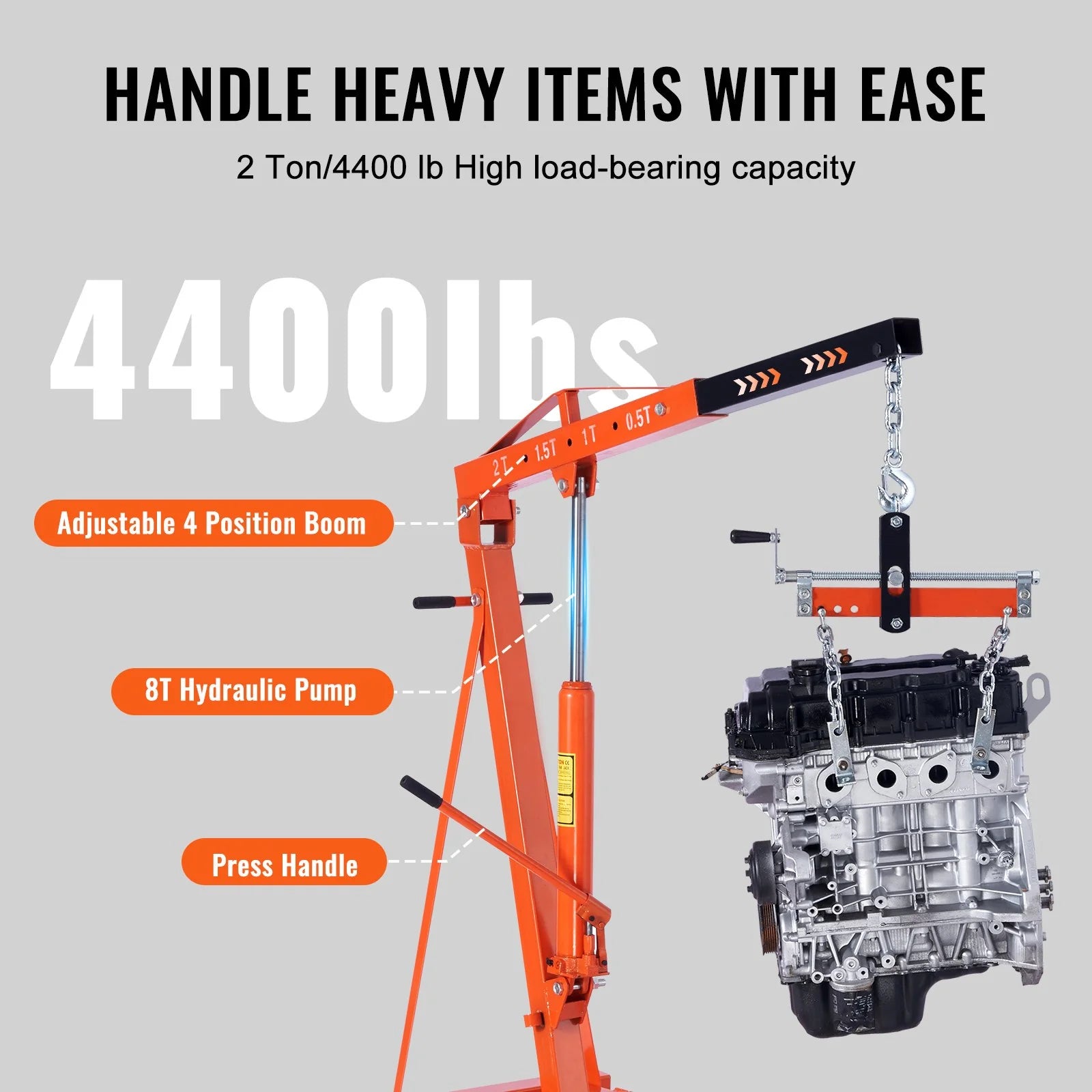 VEVOR Hydraulic Engine Hoist with Lever, 2 Ton/4400 LBS Heavy-Duty Cherry Picker Shop Crane, Foldable Engine Crane and Engine Hoist Leveler for Auto Repair, Motors, Weights Lifting, Loading