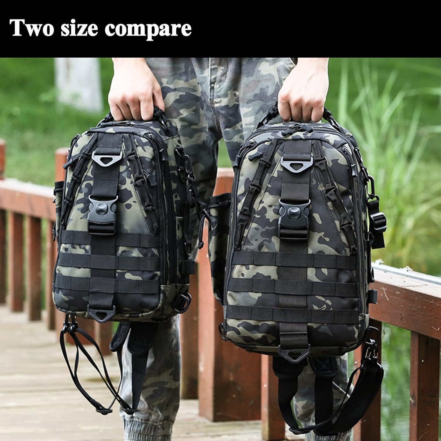Fishing Tackle Backpack Storage Bag - Fishing Gear Bags Water-Resistant Outdoor Shoulder Backpacks with Fishing Rod Belt (Large(16.34 * 12.9 * 5.71 Inch)-Black Camo)