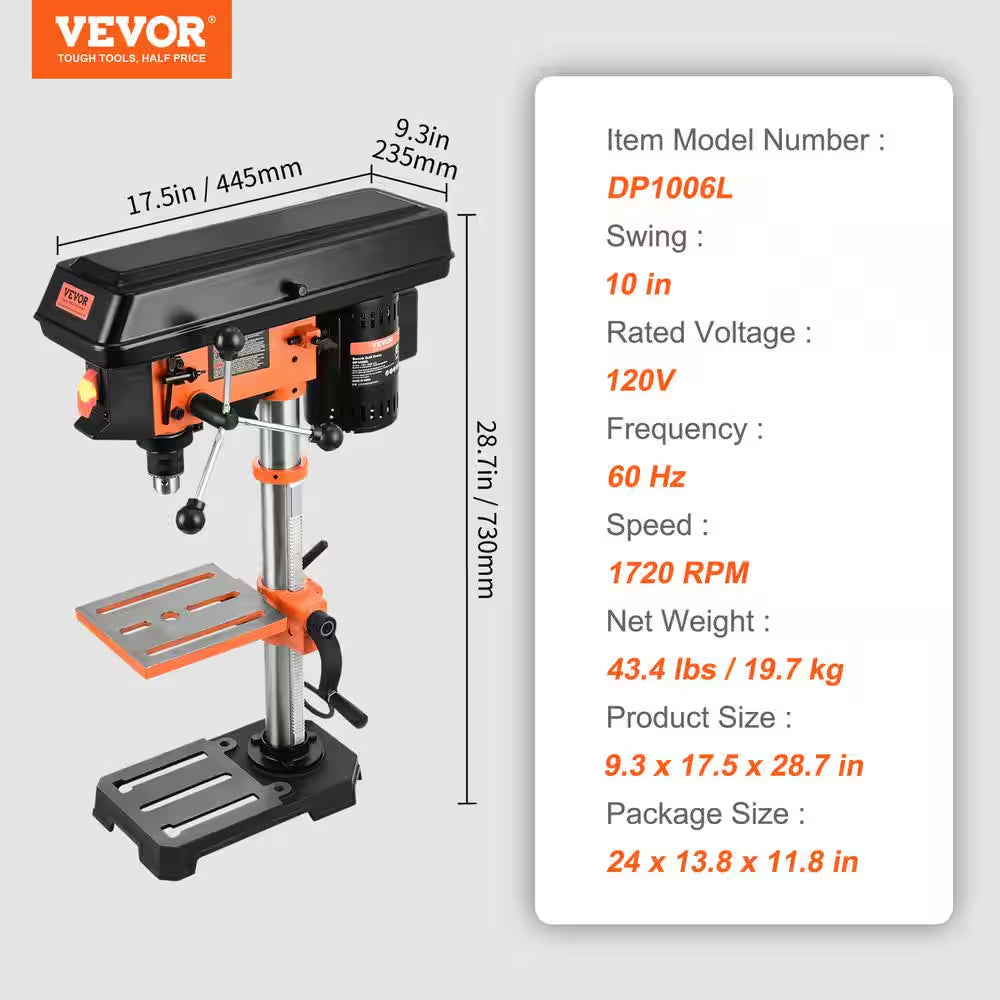 10 In. Benchtop Drill Press 3.2 Amp 5-Speed Cast Iron Bench Drill Press Tabletop Drilling Machine for Wood Metal