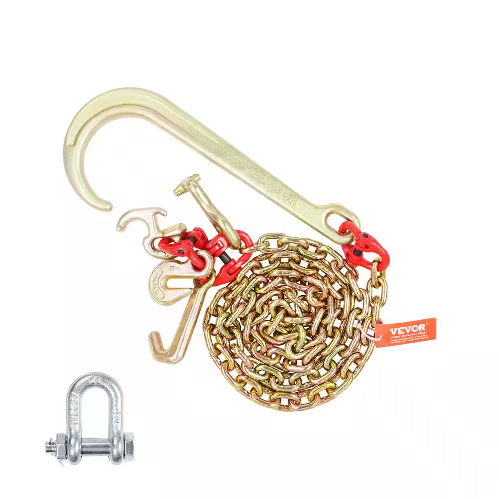 5/16 In. X 6 Ft. G80 Tow Chain 1 5 In. J Hook Long Shank RTJ and Grab Hooks Wrecker Tie