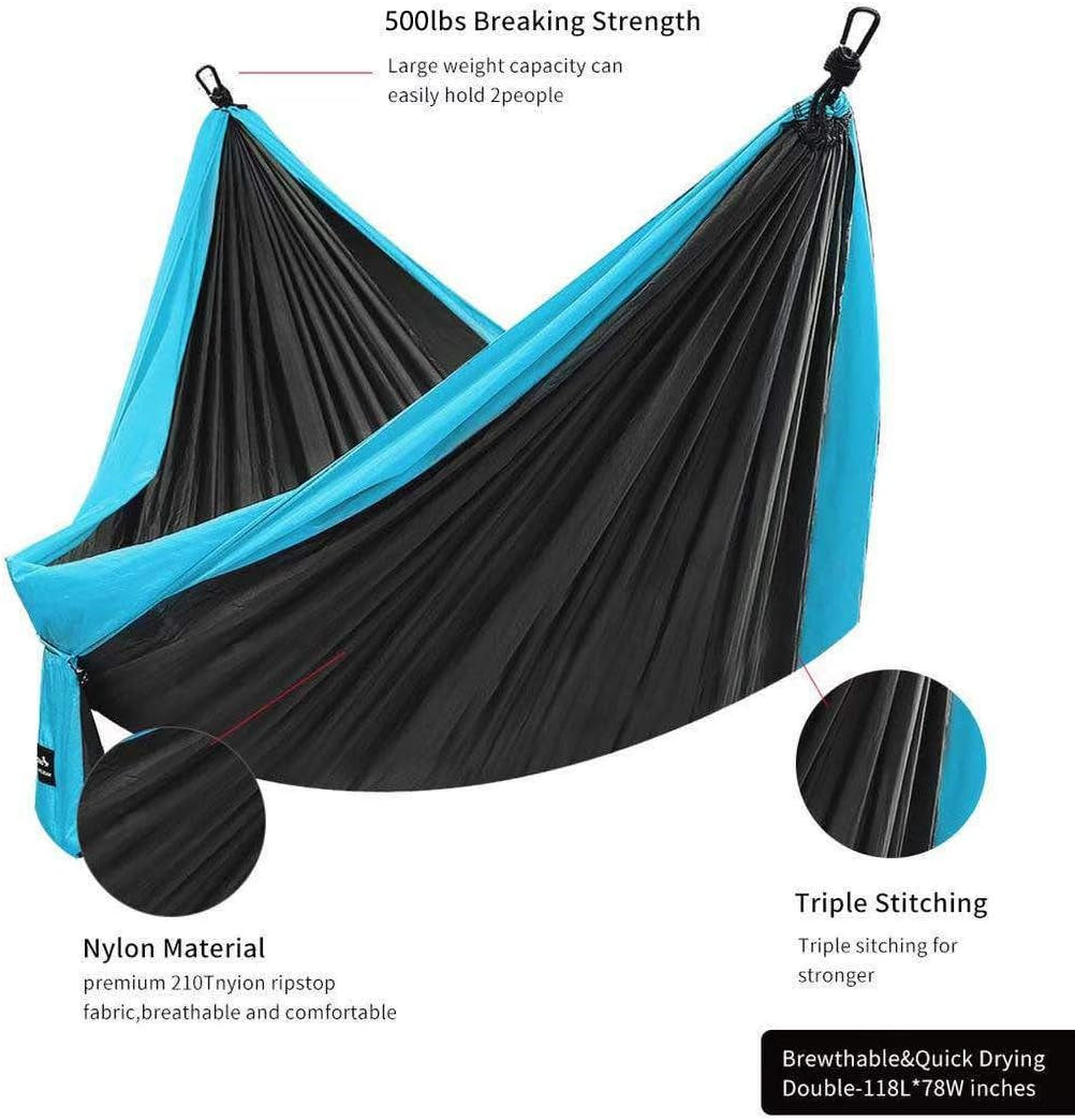 Double Camping Hammock, Lightweight Portable Parachute (2 Tree Straps 16 LOOPS/10 FT Included) 500Lbs Capacity Hammock for Backpacking, Camping, Travel, Beach, Garden