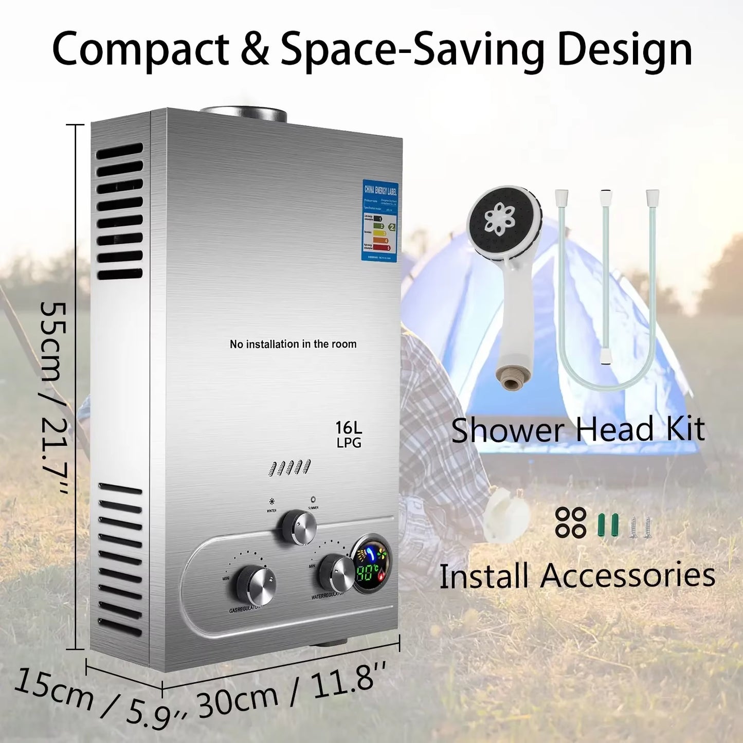 6L-18L Propane Gas Tankless Water Heater, Bathroom Heating Instant,Outdoors Water Heater Boiler Car Camping