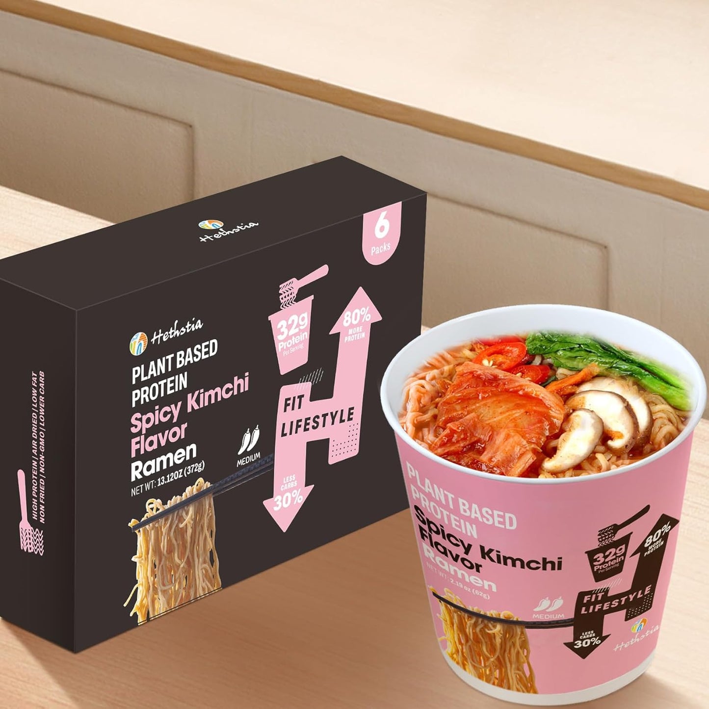 Protein Ramen, Spicy Kimchi Flavor, 6-Pack Instant Healthy Noodle Soup Cups, 32G Plant Protein, Vegan Pre-Packaged Ramen Meal, Low Fat, Non-Gmo, Non-Fried, Air-Dried, Healthy Noodle Broth