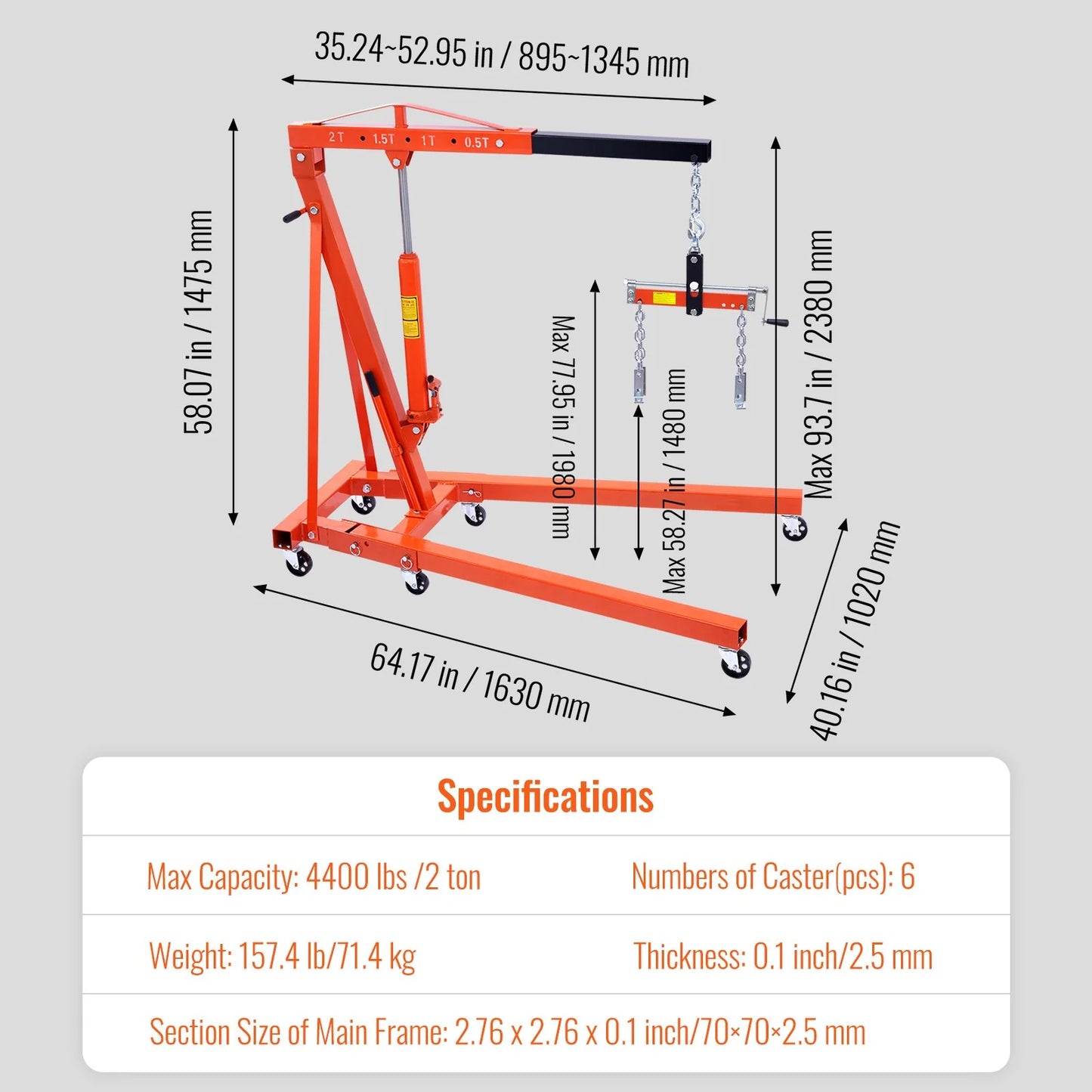 VEVOR Hydraulic Engine Hoist with Lever, 2 Ton/4400 LBS Heavy-Duty Cherry Picker Shop Crane, Foldable Engine Crane and Engine Hoist Leveler for Auto Repair, Motors, Weights Lifting, Loading