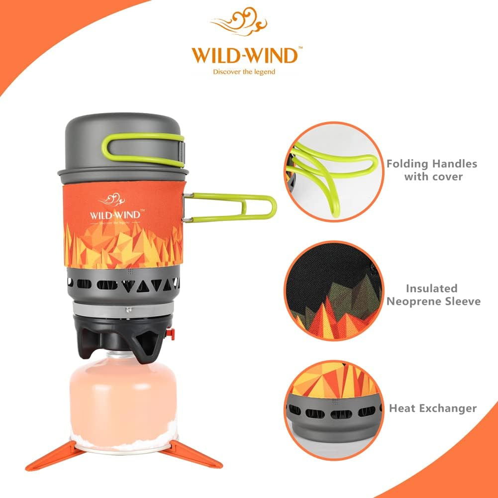 X2 Camping and Backpacking Stove Cooking System, Outdoor Portable Camp Gas Stoves Burner with 0.75L Pot & 0.25L Pan, Piezo Ignition, for Hiking, Fishing, Hunting, Orange