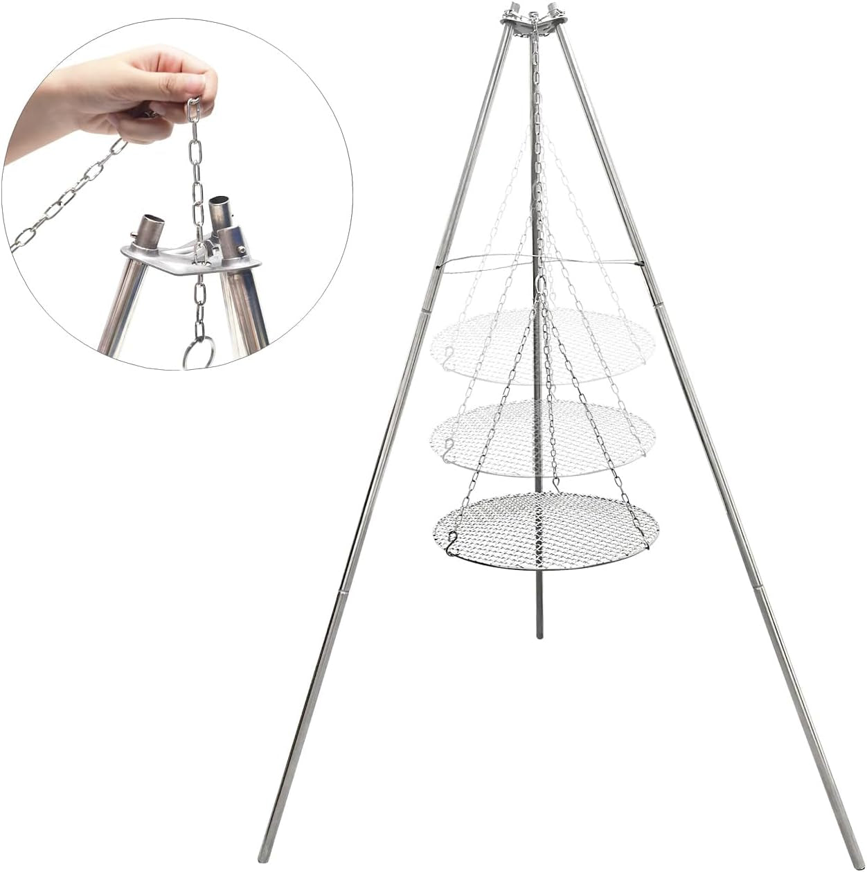 Camp Fire Tripod for Cooking, Stainless Steel Camping Fire Grill with Adjustable
