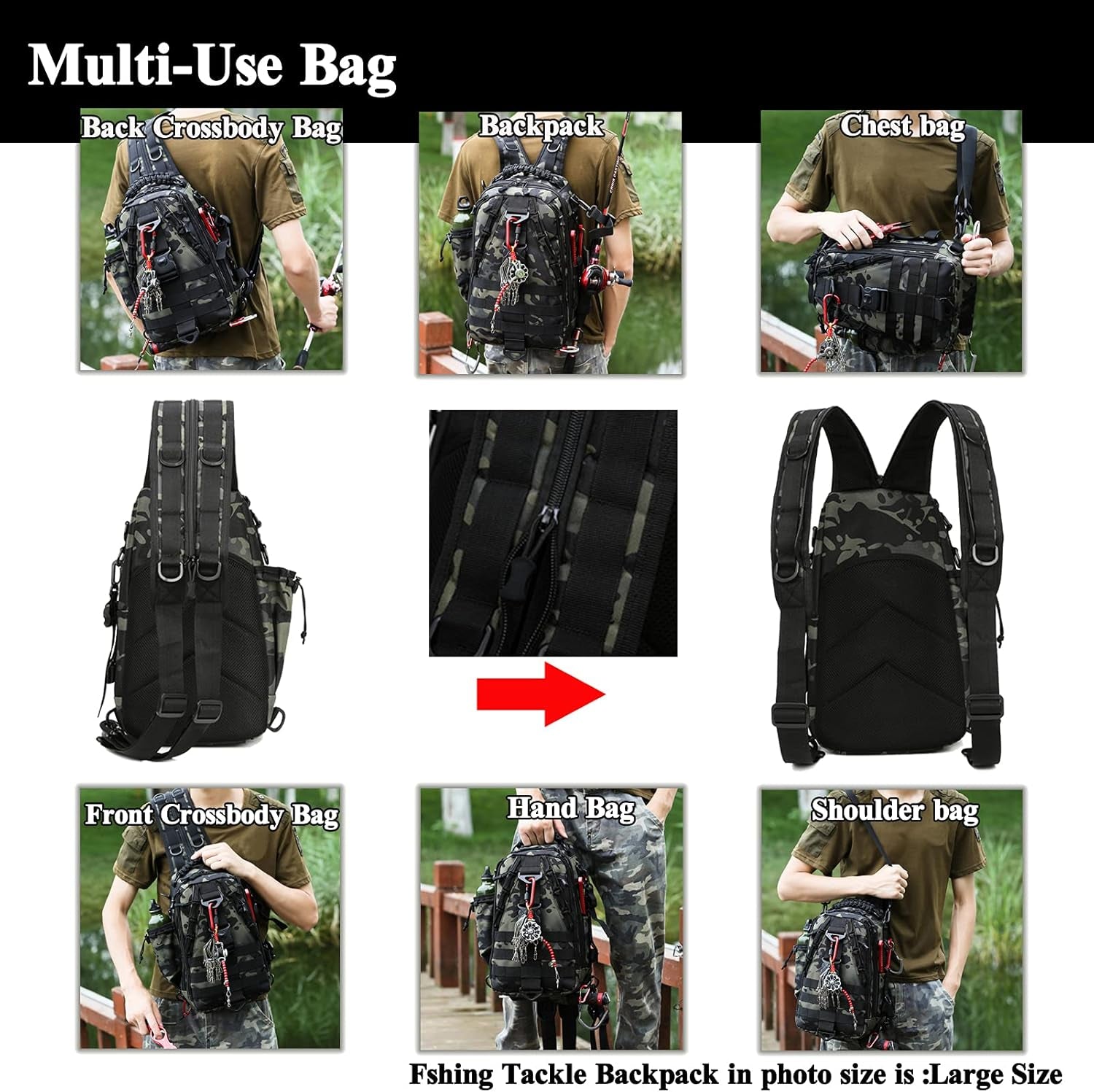 Fishing Tackle Backpack Storage Bag - Fishing Gear Bags Water-Resistant Outdoor Shoulder Backpacks with Fishing Rod Belt (Large(16.34 * 12.9 * 5.71 Inch)-Black Camo)